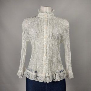 Ness Vintage White Lace Button Up Blouse Top Size M